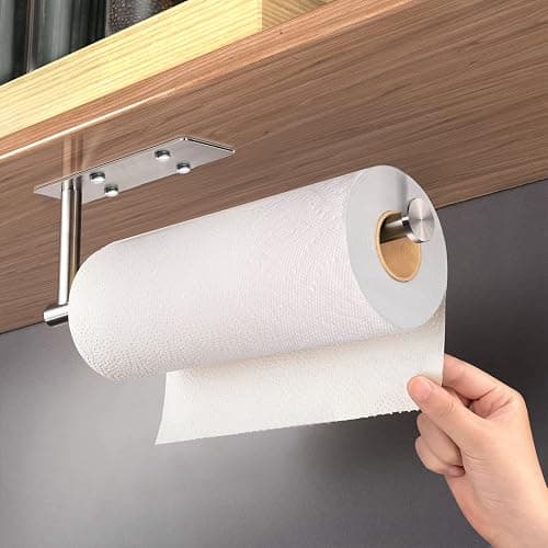 VAEHOLD Self Adhesive Paper Towel Holder Under Cabinet Mount, Wall Mounted Paper Towel Roll Holder with Damping Effect for Kitchen, Bathroom, Wall - SUS304 Stainless Steel (Brushed Silver) thumbnail 4