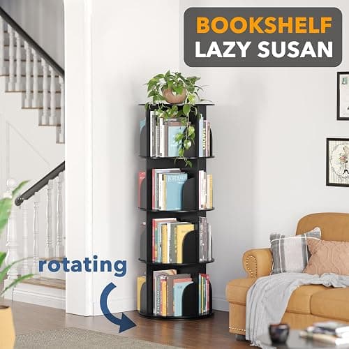 SpaceAid 4 Tier Rotating Bookshelf Tower, Spinning Bookcase Lazy Susan, Revolving 360 Book Shelf Storage Round Carousel, Vertical Rotate Turning Spiral Corner Organizer, Black thumbnail 4