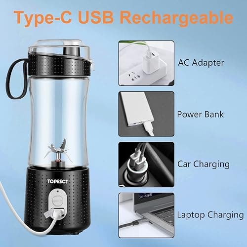 TOPESCT Portable Blender, Personal Mixer Fruit Rechargeable with USB, Mini Blender for Smoothie, Fruit Juice, Milk Shakes 380ml, Six 3D Blades for Great Mixing (Black) thumbnail 6