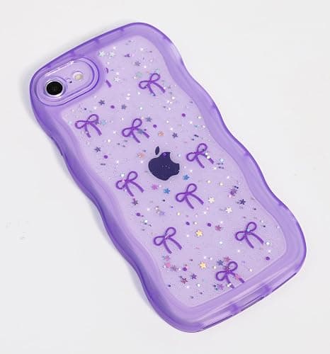 Qokey for iPhone SE(2020/2022) & 8/7 Case - Glitter Star & Curved Edge Handle Grip Design, Military-Grade Shockproof Clear TPU Cover, Sparkle Protection + Scratch-Resistant, Holographic Purple Bow thumbnail 5
