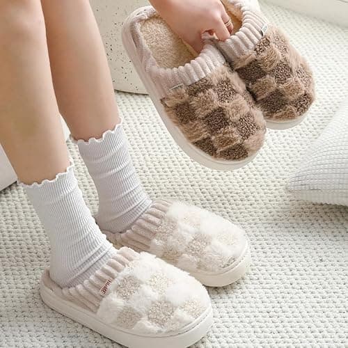 VTTDB Checkered Slipper House Slippers for Women Men Plush Warm Fuzzy Slippers Flyffy Bedroom Shoes Indoor Slip On thumbnail 4