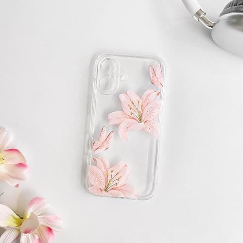 NITITOP Compatible with iPhone 16 Plus Case Clear Cute Butterfly Lily Flower Floral Pattern for Women Girls Full Camera Lens Clear Slim Shockproof Protective Phone Cover - Light Pink thumbnail 5