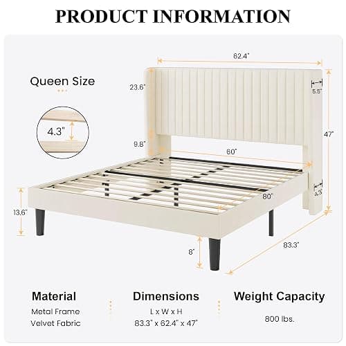 SHA CERLIN Queen Size Velvet Bed Frame, Tufted Wingback Headboard, Cream | 47'' Modern Vertical Channel Headboard, Upholstered Platform Bed, Wood Slats, No Box Spring Needed, Easy Assembly, Noise Free thumbnail 2