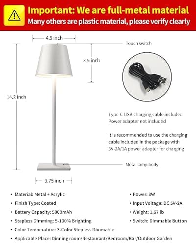 KDG 2 Pack Cordless Table Lamp, Portable LED Desk Lamp, 5000mAh Battery Operated, 3 Color Stepless Dimming Up, for Restaurant/Bedroom/Bars/Outdoor Party/Camping/Coffee Shop Night Light(White) thumbnail 5