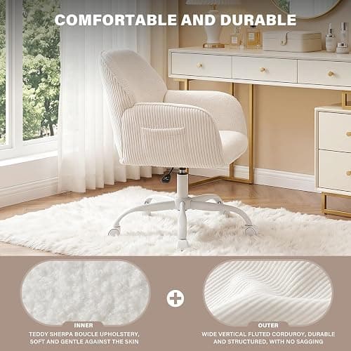 KRAMZMING Teddy Fleece & Corduroy Desk Chair, Swivel Office Chair White | Upholstered Vanity Chair with Side Pocket & Wheels, Height Adjustable Chair for Bedroom Makeup Study thumbnail 4