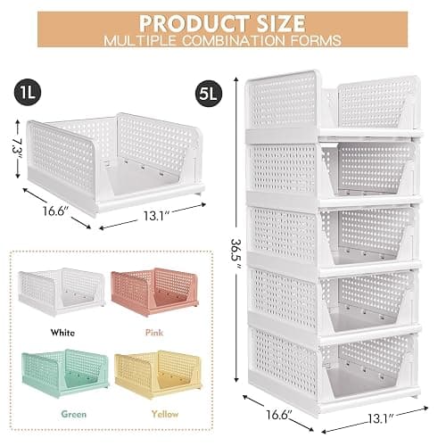 5 Pack Stackable Closet Storage Basket - Stackable Storage Bins, Multifunctional & Foldable Closet Organizer Waterproof, Wardrobe Cupboard Space-Saving Hat Storage Drawer Organizer, White thumbnail 3