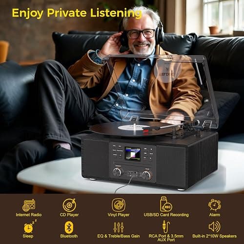 Bluetooth Vinyl Record Player with CD & Internet Radio, 3-Speed Belt-Drive Turntable with USB Recording, AUX/RCA Output, Tone & Remote Control, Vintage Black Vinyl Player for Home Entertainment & Gift thumbnail 5
