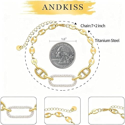 ANDKISS 18K Gold Bracelets for Women, Adjustable Waterproof Non-Tarnish Titanium Chain with Pavé AAA+ CZ Accent, Dainty Gold Plated Paperclip Bracelet Jewelry Christmas Gifts thumbnail 4