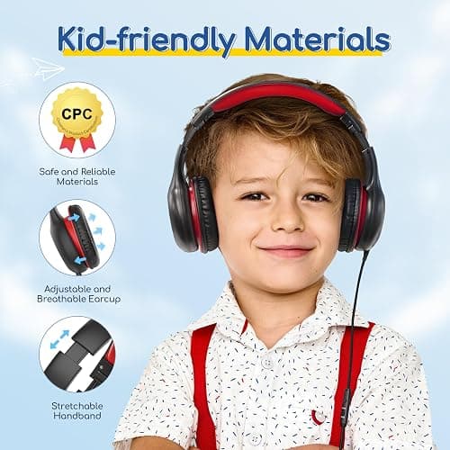 EarFun Kids Headphones Wired with Microphone, 85/94dB Volume Limit Headphones for Kids, Portable Wired Headphone with Shareport, Stereo Sound Foldable Headset for School/Tablet/iPad/Kindle, Black Red thumbnail 4