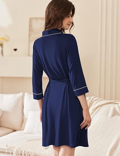 Ekouaer Women Robes Shawl Collar Bathrobe Short Kimono Robe Soft Knit Bathrobes Ladies Sleepwear with Pockets S-XXL thumbnail 5