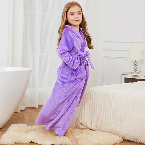 Jxstar Girls Bathrobes Kids Long Hooded Robes Plush Full Length Coral Fleece Pajamas Sleepwear thumbnail 3