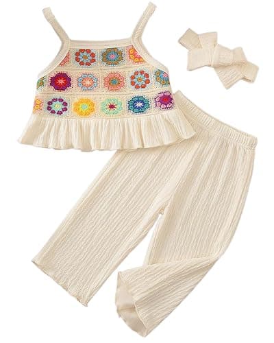 Voonlie Toddler Baby Girl Summer Clothes Outfits Crocheted Ruffle Camisole Pants Kids Clothing Set - Image 1