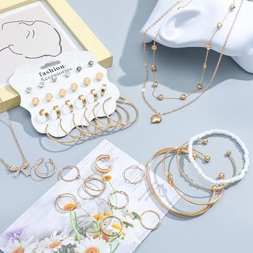 NEWITIN 49 Pieces Gold Jewelry Set for Women Fashion Costume Jewelry Gold Plated Necklace Bracelet Ring Earrings Set for Women - Gold Jewelry Set A thumbnail 4
