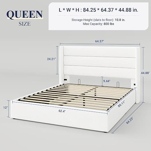 Allewie Queen Size Velvet Lift Up Storage Bed, Modern Wingback Headboard, Hydraulic Support, No Box Spring Needed, White thumbnail 2