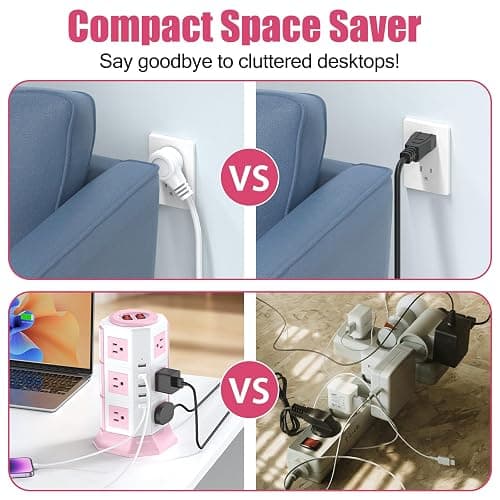 Pink Tower Power Strip with Surge Protection | HITRENDS 12 AC Outlets + 5 USB Ports | 16AWG/ 6.5 Ft Extension Cord with Multiple Outlets | Space-Saving Design for Office & Home(1625W, 1050J) thumbnail 3