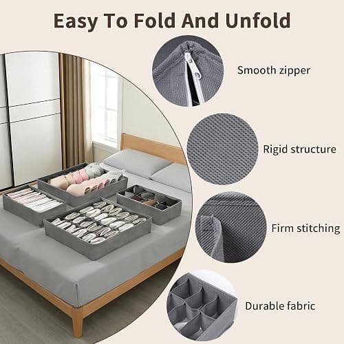 Garvee 12 Pack Underwear Drawer Organizers, 116 Cells Dresser Drawer Divider Bins for Baby Clothes, Underwear, Bra, Sock, Foldable Fabric Closet Organizer for Bedroom, Nursery, Grey thumbnail 4