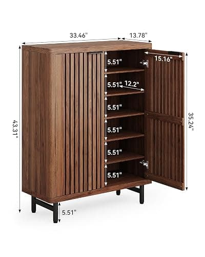 LITTLE TREE 6-Tier Shoe Cabinet with Doors for Up to 24 Pairs, Large Wooden Shoes Cabinet with Adjustable Shelves, Retro Freestanding Shoe Organizer for Entryway, Hallway, Brown - Brown thumbnail 3