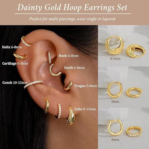 Poxtex Small Sterling Silver Huggie Hoop Earrings Set for Women, Hypoallergenic 14K Gold Plated Hoops Stacks for Multiple Piercings, Dainty Cute Mini Lightweight Cartilage Studs Trendy Jewelry Gift thumbnail 3