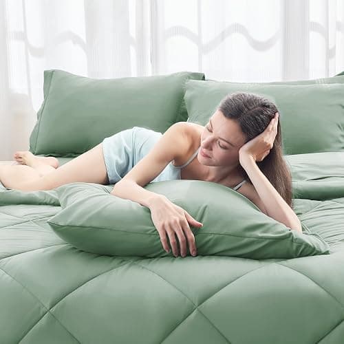 HEVUMYI Light Green Queen Comforter Set - 7-Piece All Season Bed in a Bag Queen, Ultra Soft Bedding Set with Comforter, Flat Sheet, Fitted Sheet, Pillowcases, Pillow Shams - Light Green - Queen thumbnail 7