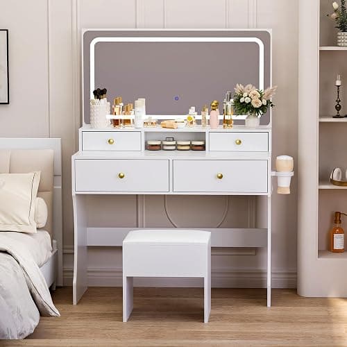 Pamapic Golden Handles Vanity Desk with Mirror and Lights, 4 Drawers Makeup Vanity with Charging Station, 3 Lighting Modes Upgraded Silent Slides Vanity Desk with Storage Stool thumbnail 2