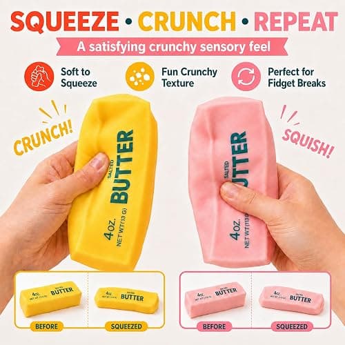 Klysuron 2 Pack Crunchy Butter Squishy Toys, Fidgets Set, Yellow and Pink | ASMR Squishy Toys, Crisp Crunchy Sound, Realistic Food Shaped Decompression Squeeze thumbnail 4