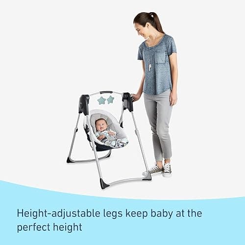 Graco Slim Spaces Compact Baby Swing, Space Saving Portable Bay Swing with Height Adjustable Legs & Soft Toys, Reign thumbnail 6