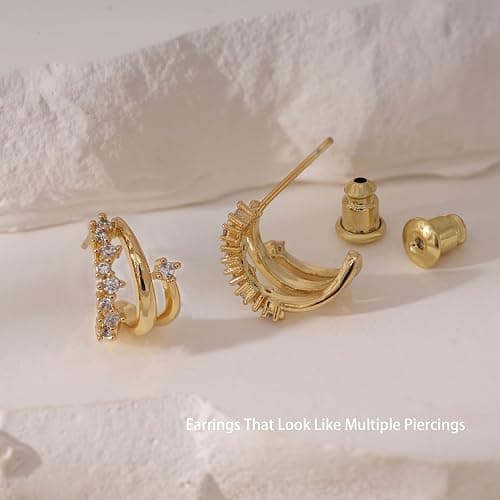 BLUEELM Gold Stud Earrings for Women, Dainty Triple Huggie Earrings 14K Gold Plated Small Hoop Earrings for Women Trendy Cute Hypoallergenic Stud Earrings Unique Double Hoops Waterproof Gold Jewelry thumbnail 5