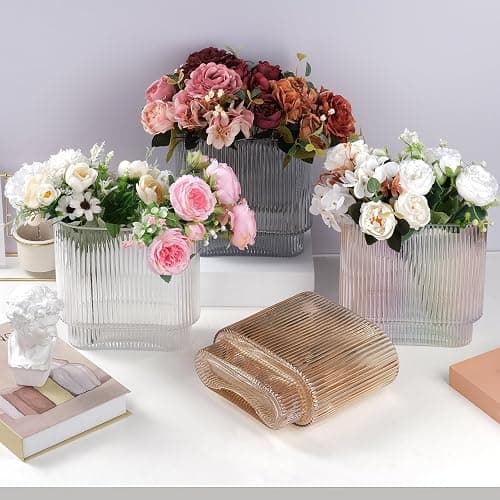 VanEnjoy Ribbed Glass Vase, Gray Colored Fluted Vase, Big Modern Glass Vase, Unique Oblong Ribbed Vase for Flowers, Round Glass Vases for Centerpieces thumbnail 7