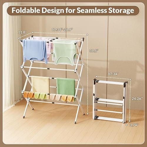 CEHIFIA Foldable Clothes Drying Rack - 3-Tier Laundry Drying Rack, Collapsible Metal Indoor Airer, Portable X-Type Clothing Dryer with Shoe Hanger for Home & Balcony (No Assembly Required) thumbnail 3