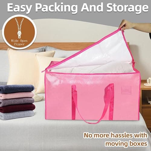 8 Pack-Extra Large Heavy Duty Moving Bags - Waterproof Storage Totes with Handles & Zippers, Foldable for College Dorm, Storage (Pink) thumbnail 5