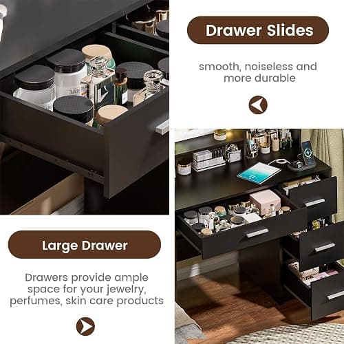 DINGIPP Vanity Desk with Lighted Mirror and Charging Station, Makeup Vanity with 4 Drawers & Storage Shelves,Makeup Desk 3 Color Lights Modes Available, Bedroom Dressing Table for Women, Girls thumbnail 9