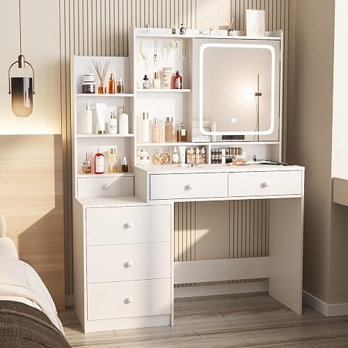 Vabches Vanity Desk with Mirror and Lights, Makeup Vanity with 6 Drawers and Shelves, Dressing Table with Power Outlet, Makeup Desk with Led Lighted Mirror in 3 Colors, for Bedroom, White thumbnail 6