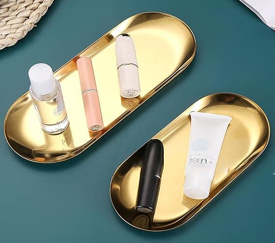 9 Inch x 3.8 Inch Trinket Tray Gold Oval Stainless Steel Small Serving Trays Towel Storage Plate Tea Fruit Trays Jewelry Plate Decorative Storage Tray (2 Gold, Medium) thumbnail 4
