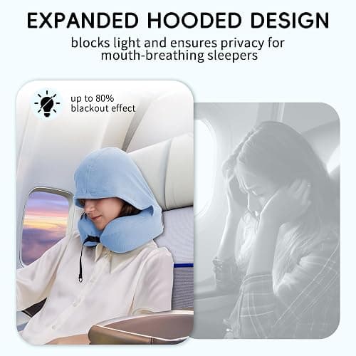 ALLINCOZY Travel Pillow with Hood for Airplane, 100% Pure Memory Foam Hooded Neck Pillow for Traveling, Car, Office, Soft, Machine Washable, Easy Storage, Blue - Blue thumbnail 2