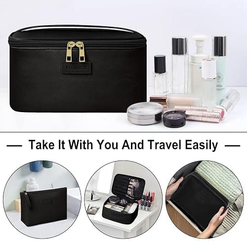 MAANGE Makeup Bag Waterproof Travel Cosmetic Bag PU Leather Cosmetic Pouch Portable Makeup Organizer Bag Large Capacity Toiletry Bag Multifunctional Storage Make Up Bag for Women (Black, 3Pcs) thumbnail 5