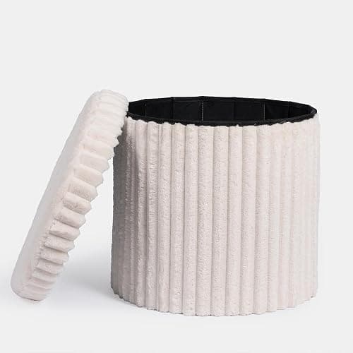 OHS Round Storage Ottoman Box, Decorative Cream Ribbed Ottoman with Lid Space Saving Organising Box for Livingroom Bedroom Footrest with Hidden Storage thumbnail 6