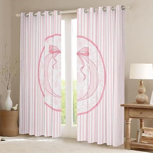 Erosebridal Pink Bow Window Drapes Coquette Preppy Bowknot Blackout Curtains 42" Wx90 L Initial O Curtains for Bedroom Living Room Pink Stripes Window Treatments 2 Panels thumbnail 3