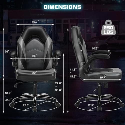 DUMOS Gaming Ergonomic Office Chair for Adults, Height Adjustable Computer Desk Chair with Flip-up Armrests, PU Leather Swivel Video Game Chair with 360° Rolling Wheels, Grey thumbnail 3