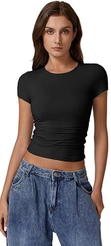 QINSEN Short Sleeve Shirts for Women Round Neck Basic Double Lined Tees Fitted Y2k Crop Tops thumbnail 4