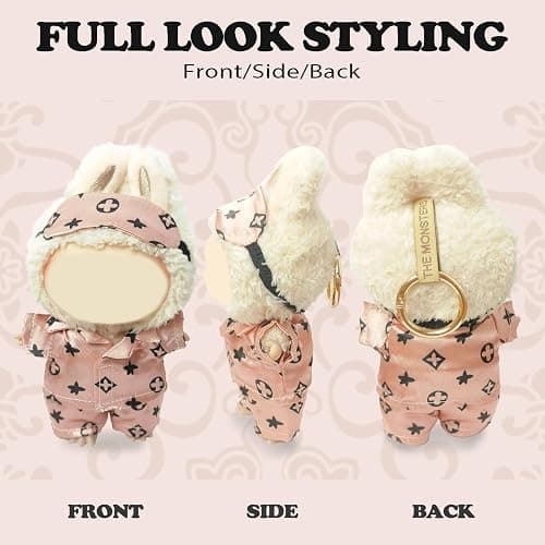 Clothes Compatible with LABUBU Doll - 3PCS Classic Set, 17cm Doll Clothes Designer Outfit for Cozy Night Theme, Stylish Luxury Pajama Accessories for Labubu, No Doll (Rosy Sleepwear Set) thumbnail 5