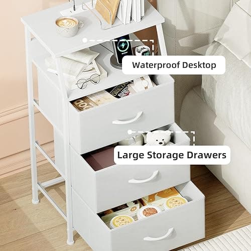 Somdot White Nightstand with Charging Station and LED Light for Bedroom, Tall 3 Drawers Dresser with Fabric Bins for Bedside Kids Dorm Room Closet Laundry Entryway, White Leather - 11"D x 16.5"W x 31.1"H (3 Drawers) - White Leather thumbnail 6