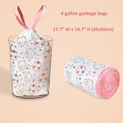 150 Count 4 Gallon Trash Bags - Drawstring small trash Bags 1.1mil Thick for Bathroom, Kitchen, Bedroom, Office Toilet Home (White-pink, 150Counts) thumbnail 4