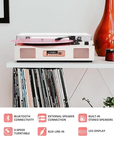 Vinyl Record Player Vintage Wireless Bluetooth Record Player with Stereo Speakers, USB/TF Card Recording, LP Player with 3 Speed Belt Drive Turntable Support RCA Line-Out AUX Input EQ,White& Rose Gold thumbnail 4