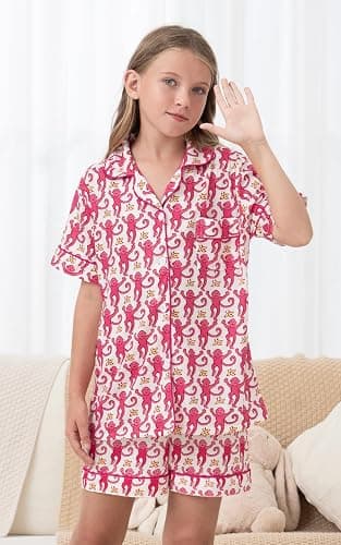 SLPTIMISO Girls Summer Outfit,Kids 2 Piece Button Down Monkey Loungewear Beach Shorts Set Preppy Animals Lounge Pjs thumbnail 3
