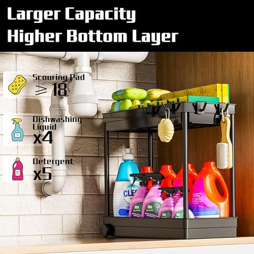 Cicilyna 2 Pack Under Sink Organizer, 2 Tier Bathroom Cabinet Organizers and Storage with Hook, Multi-purpose Storage Basket Shelf for Kitchen, Black thumbnail 3