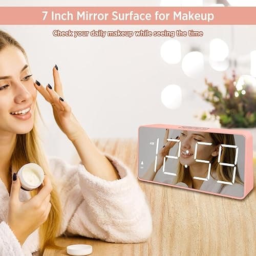 Peakeep Digital Clock, Alarm Clock Battery Backup Powered for Bedrooms - Mirror Face Large Numbers 6 Dimmers for Seniors, Super Loud for Heavy Sleepers (Pink) thumbnail 3