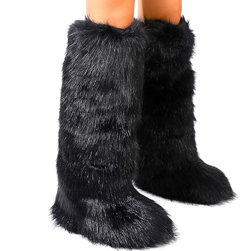 YXCFEWD Faux Fur Boots for Women Winter Knee High Furry Boots Fuzzy Fluffy for Girls Flat Snow Long Boots thumbnail 7