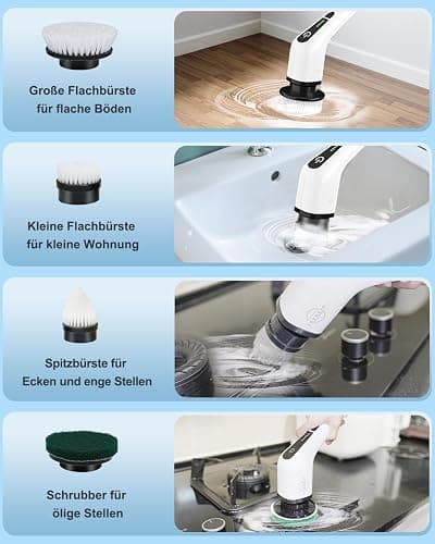 Elektrische Reinigungsbürste,Electric Spin Scrubber schnurlos mit 8 austauschbaren Bohrbürstenköpfen, Wanne und Bodenfliese mopSet mit 137cm verstellbarem Griff für Bad Küche Auto Fußboden (Weiß) thumbnail 5