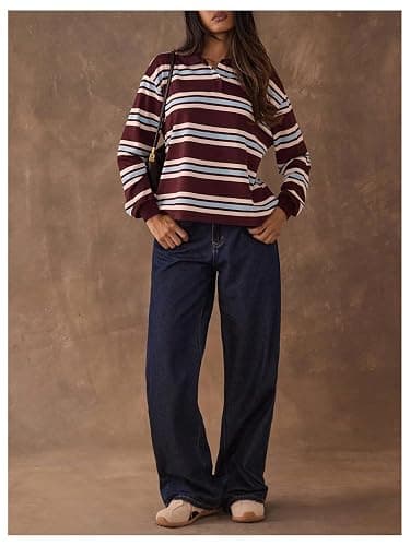 MakeMeChic Women's Rugby Shirt Striped Tops Long Sleeve Fall Tops Y2k Preppy Tee Shirts thumbnail 5