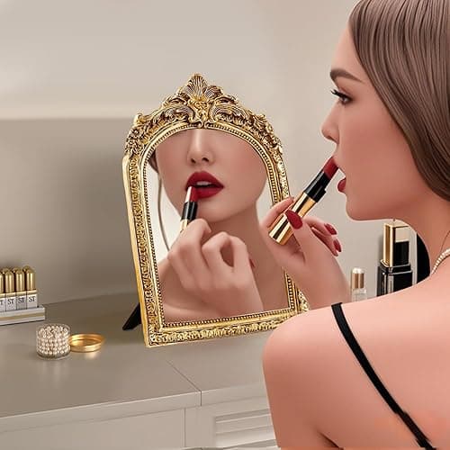 YUSONG Vintage Makeup Desk Mirror, Antique Gold Arched Tabletop Mirror with Resin Frame - Decorative Wall Art for Living Room, Bedroom Decor, Retro Table 9.3" x 5.7" thumbnail 2